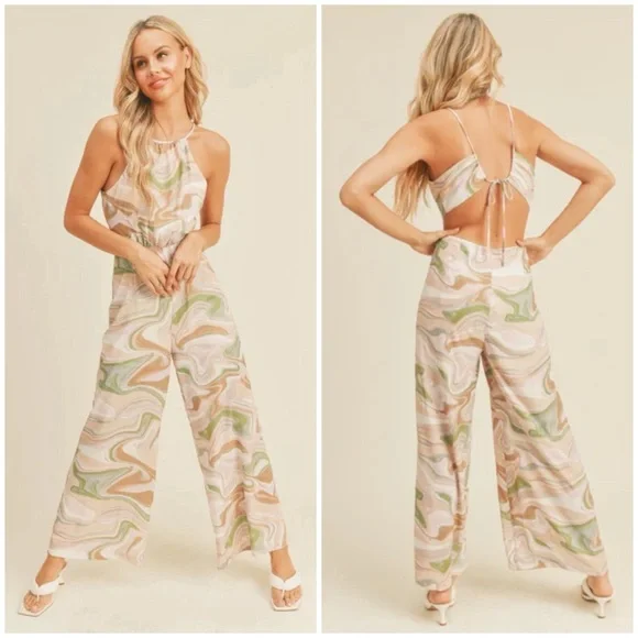 Lush Brown and Green Swirl Print Halter Open Back Jumpsuit in Strawberry Matcha - Picture 14 of 16